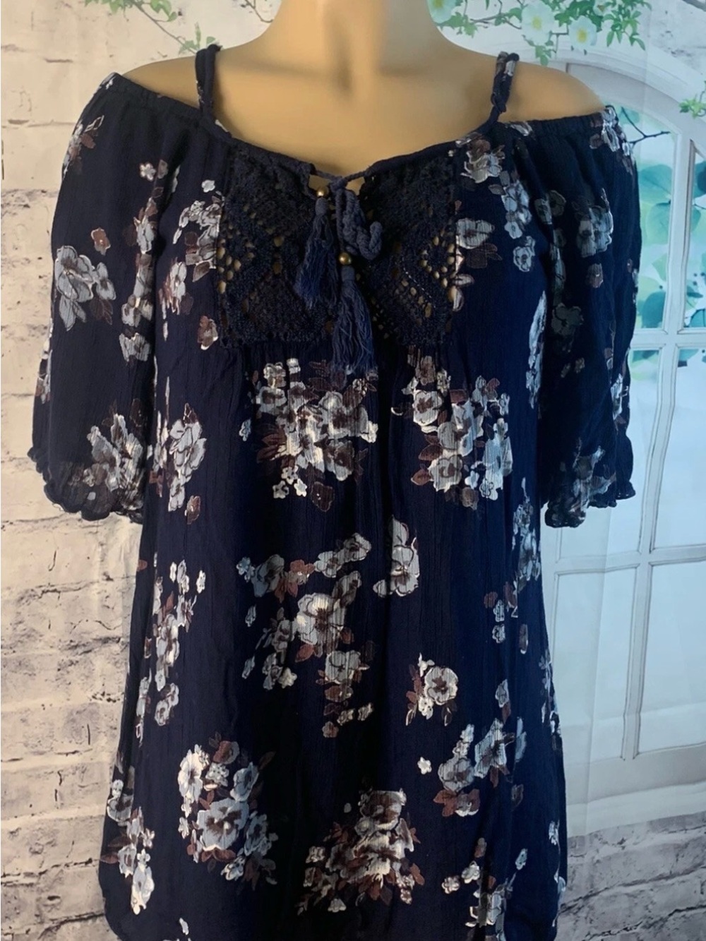 Angie Navy Floral Off-Shoulder Tunic with Crochet Yoke and Tassel Tie
